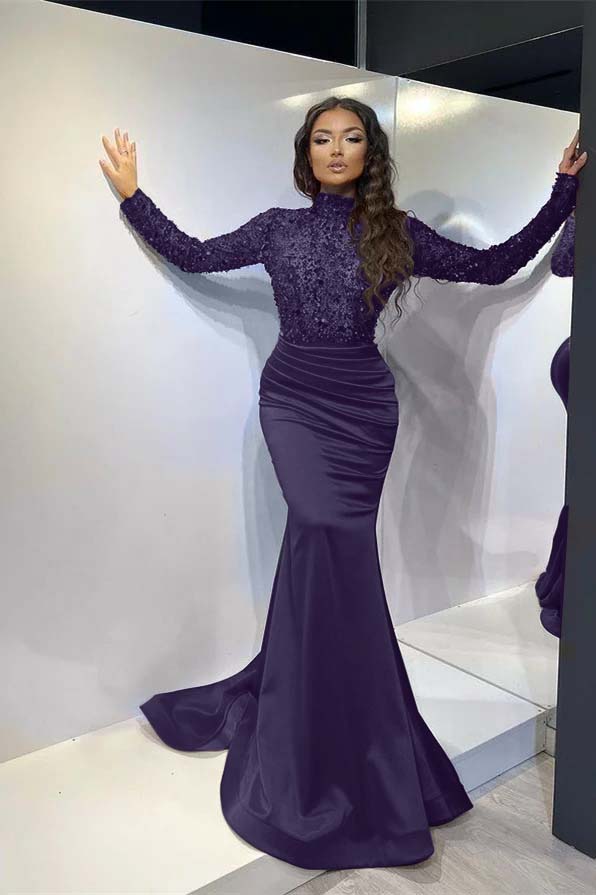 Classic Red Long Mermaid Prom Dress Pleated With Long Sleeves BMBRIDE