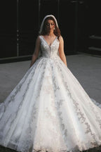 Long Princess V-Neck Wedding Dress with Lace and Tulle Appliques BM bride