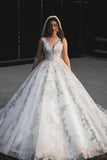 Long Princess V-Neck Wedding Dress with Lace and Tulle Appliques BM bride