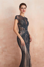 Glamorous Jewel Neck Short Sleeve Mermaid Prom Dress with Beadings BM bride