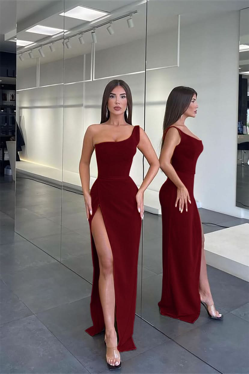 Glamorous One Shoulder Sleeveless Long Mermaid Evening Dress with Split BM bride