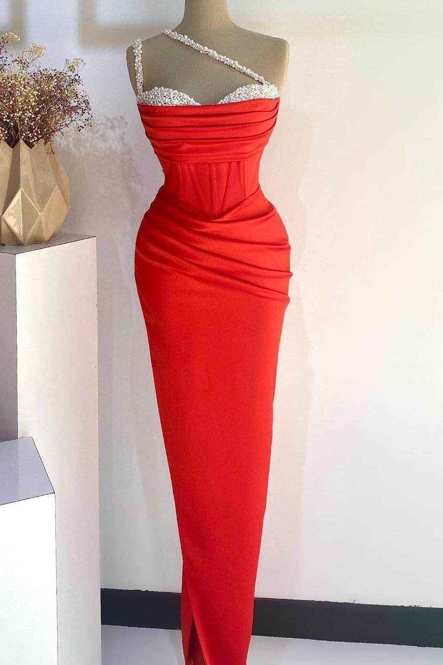 One Shoulder Sleeveless Mermaid Long Prom Dress With Beading
