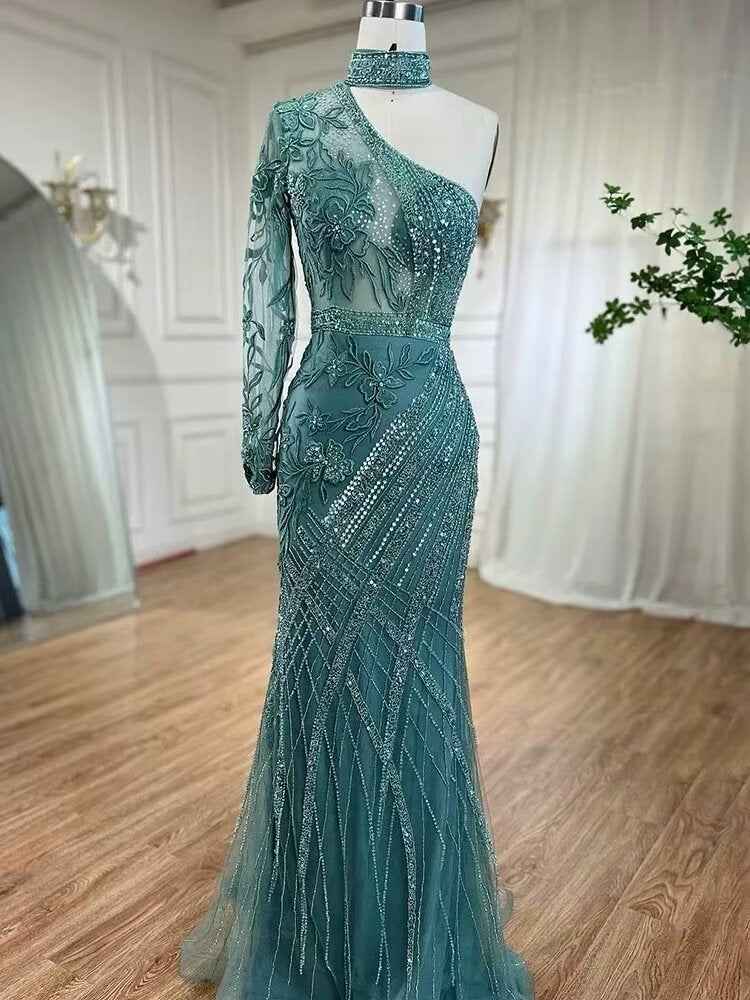 Elegant One shoulder Long Sleeve Champagne Bead Embroidery Prom Dress