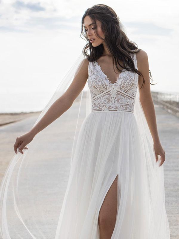 V-Neck Sleeveless Lace Wedding Dress BM bride