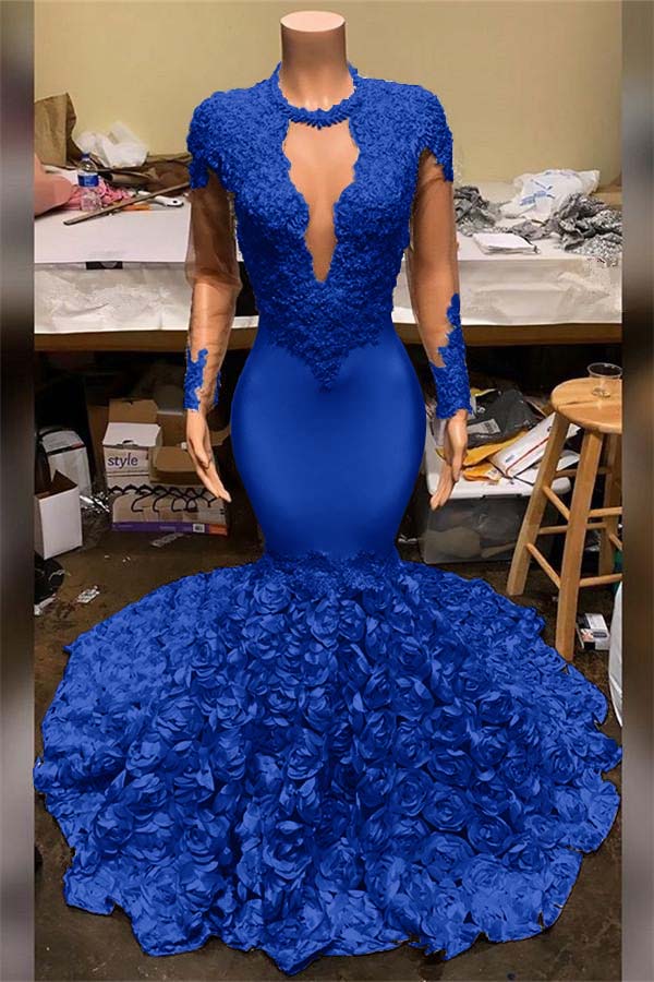 Elegant Mermaid V Neck Prom Dress Appliques Long Sleeves With Flowers Bottom BMBRIDE