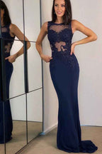 Charming Navy Blue Jewel Sleeveless Lace Mermaid Prom Dress With Appliques