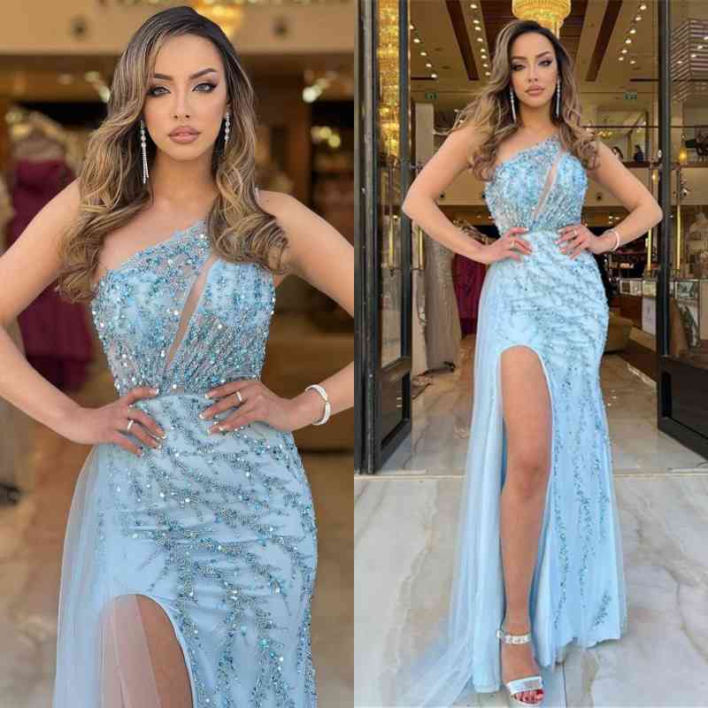 Baby Blue One Shoulder Mermaid Prom Dress With Front Split Sequins