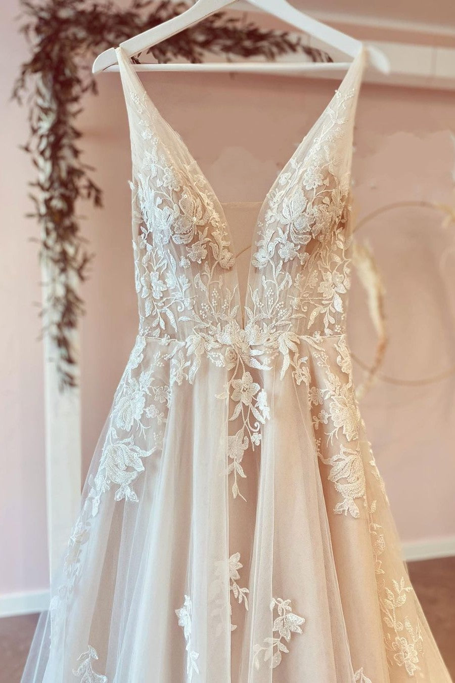 Deep V-Neck A-Line Floor-Length Tulle Wedding Dress with Floral Lace BM bride