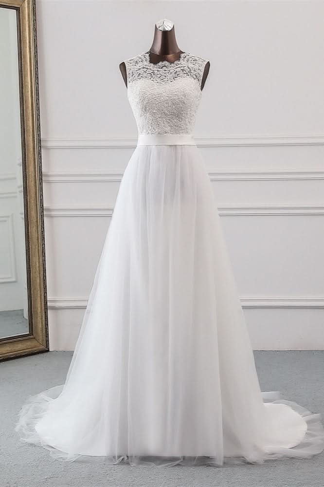 Jewel Neck A-Line Tulle Wedding Dress with Lace Appliques BM bride