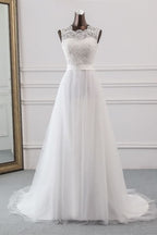 Jewel Neck A-Line Tulle Wedding Dress with Lace Appliques BM bride