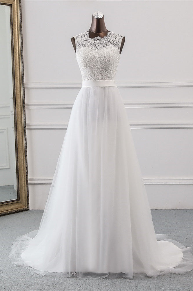 Jewel Neck A-Line Tulle Wedding Dress with Lace Appliques BM bride