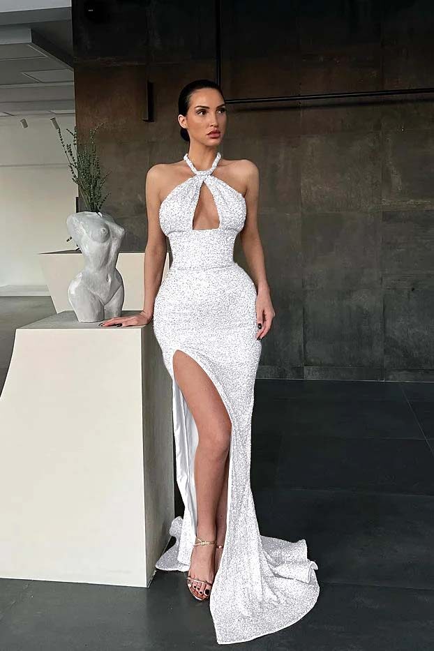 Halter Sleeveless Long Mermaid Prom Dress With Split Sequins