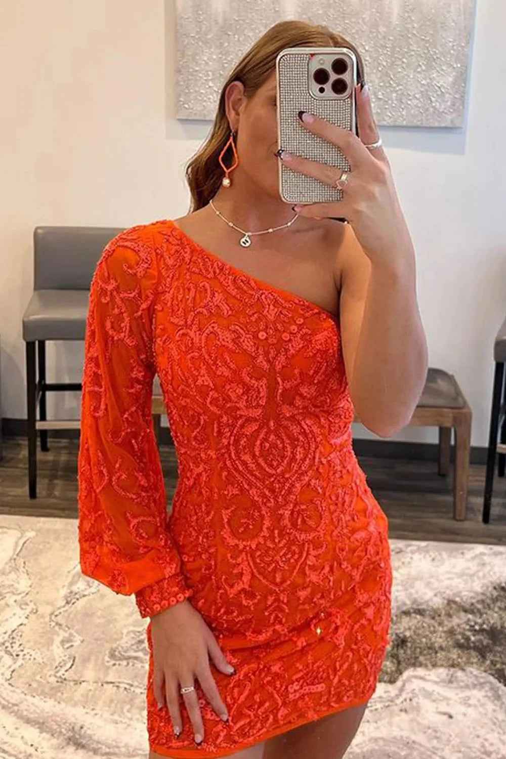 Hot Pink Beaded Sequins One Shoulder Tight Homecoming Dress Bmbride