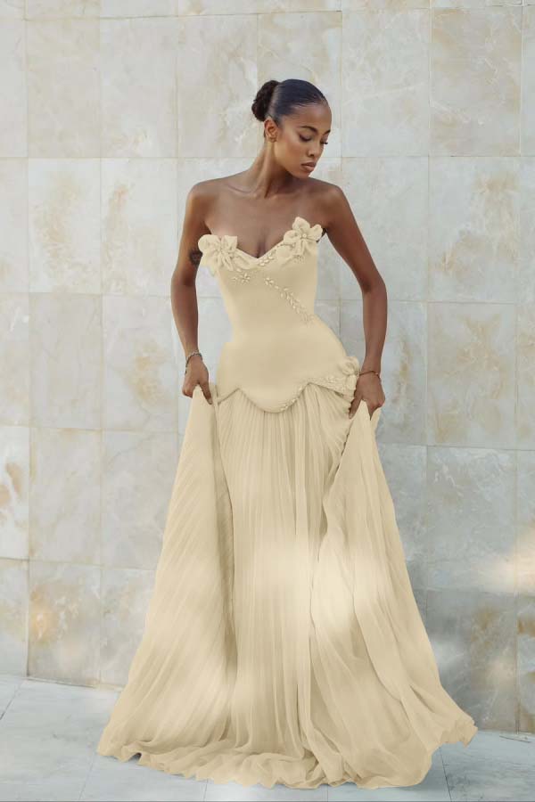 Stunning Strapless Sleeveless Long Prom Dress With Pleated Beading BMBRIDE