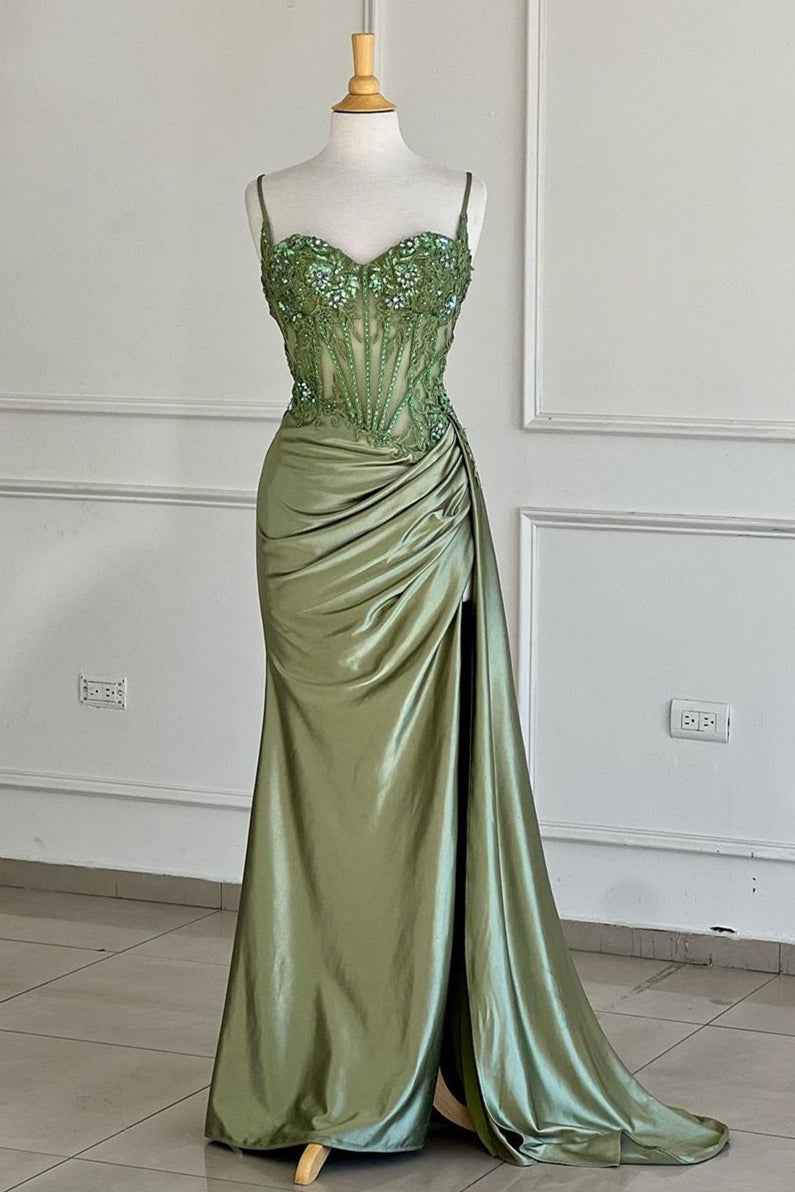 Trendy Mermaid Spaghetti Straps Silver Corset Prom Dress with Appliques