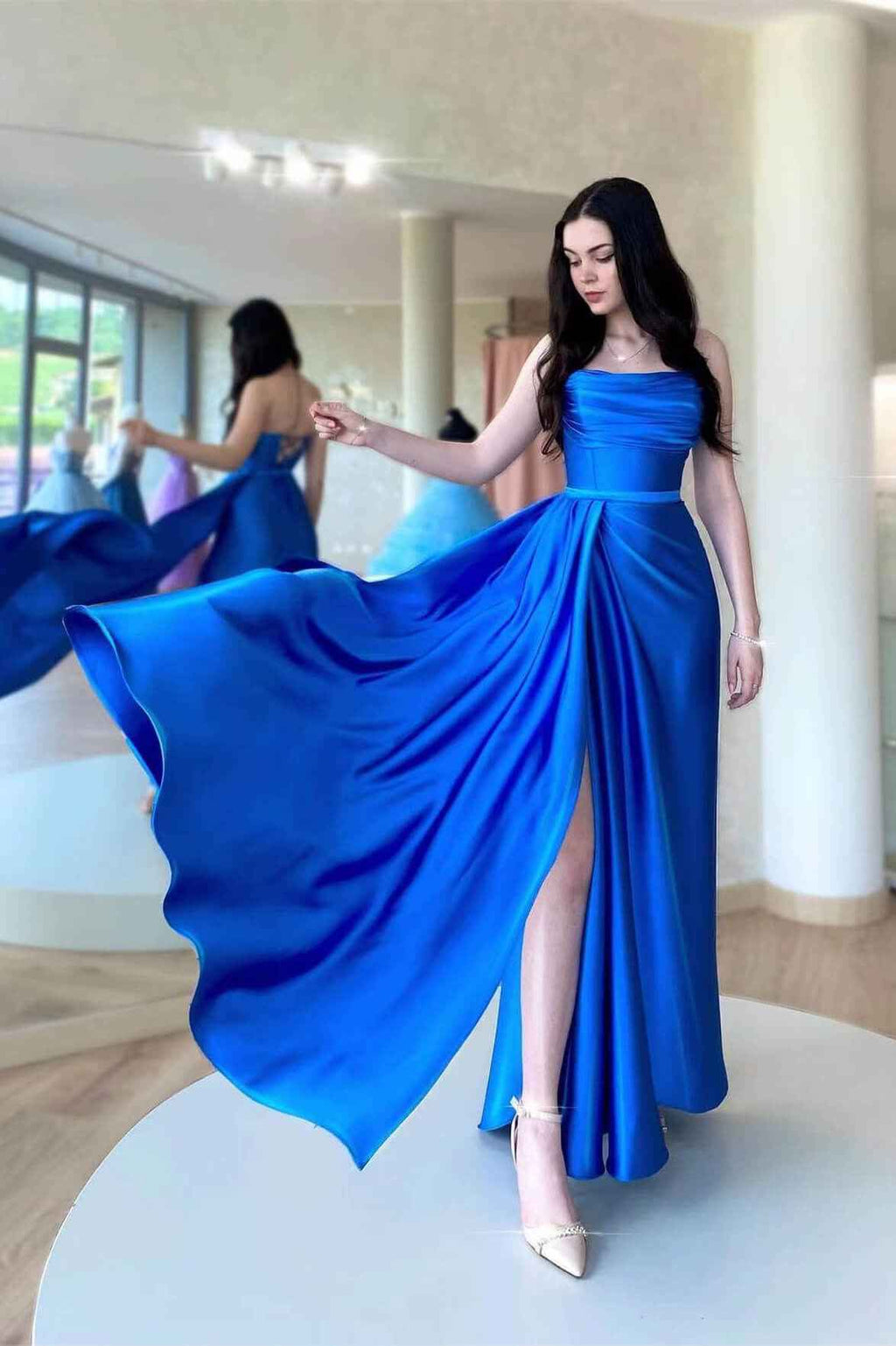 Strapless Royal Blue Sleeveless High Waist Pleated Prom Dress With Split