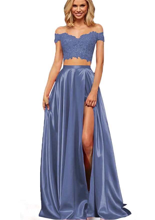 Off-the-Shoulder Two Pieces Prom Dress with Appliques and Slit BM bride