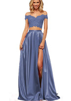 Off-the-Shoulder Two Pieces Prom Dress with Appliques and Slit BM bride