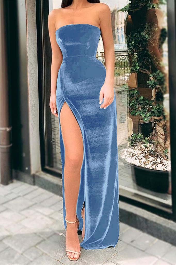 Chic Black Strapless Sleeveless Long Mermaid Prom Dress With Front Split