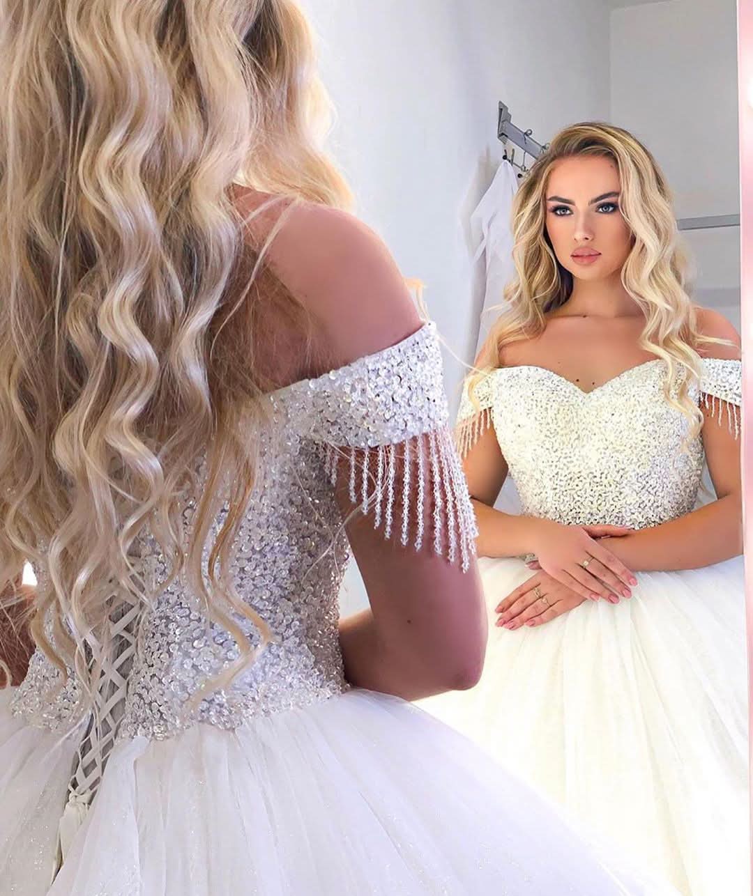 Long Princess Off-the-Shoulder Wedding Dress with Tulle BM bride