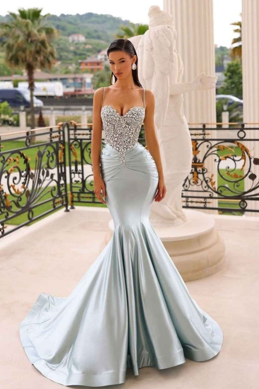 Prom Dress Spaghetti Strap Long Mermaid Satin Sequins Beading