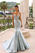 Prom Dress Spaghetti Strap Long Mermaid Satin Sequins Beading