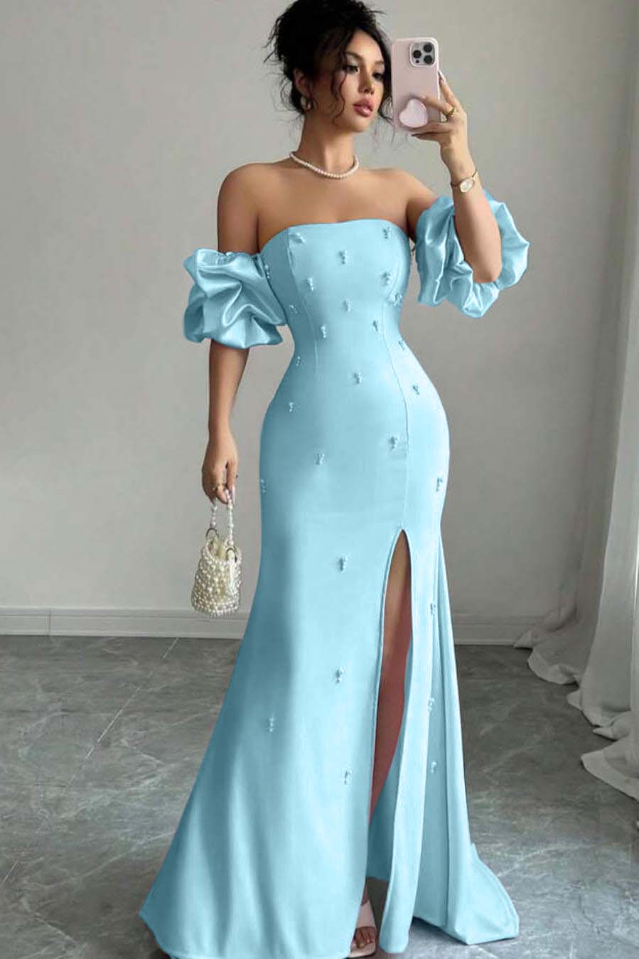 Strapless Bubble Sleeves Long Split Prom Dress With Beading BMBRIDE