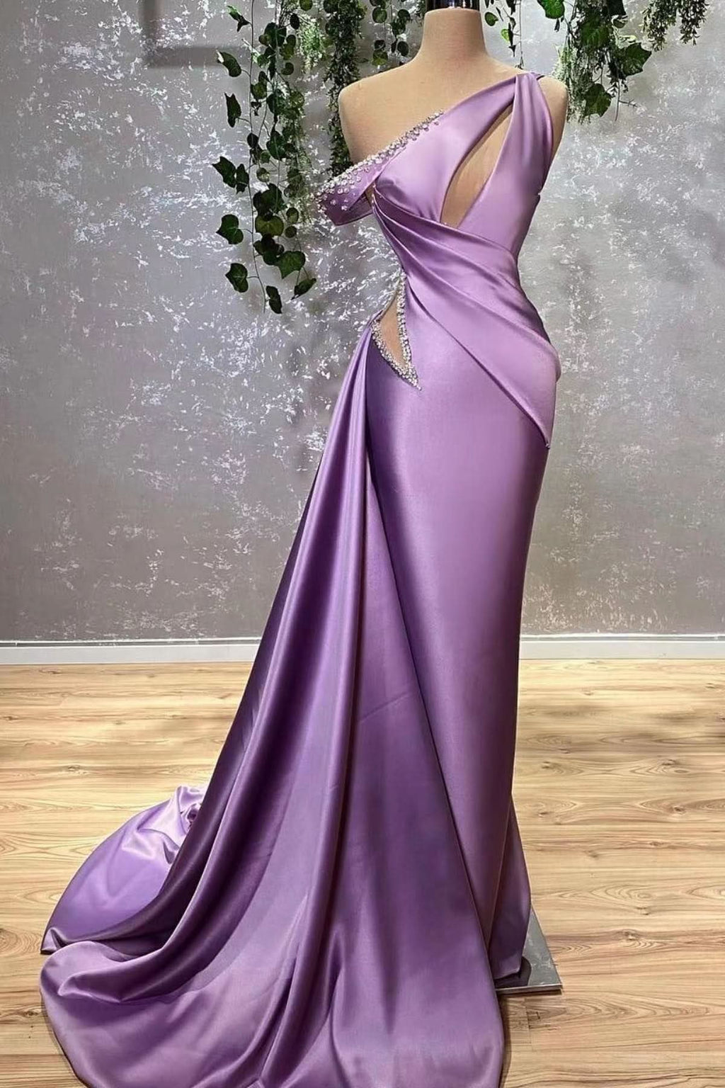 Lilac Off-the-Shoulder Sleeveless Mermaid Prom Dress with Rhinestones BM bride