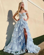 Captivating Blue Crystal Sequins Princess A-Line Off-the-Shoulder Prom Dress with Lace Ruffles BM bride