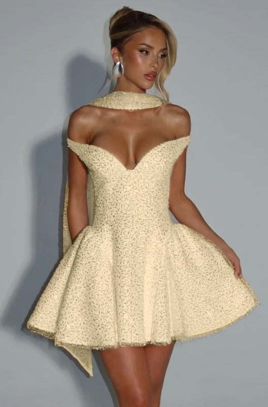 Off the Shoulder Sleeveless Short A Line Prom Dress With Sequin BMBRIDE