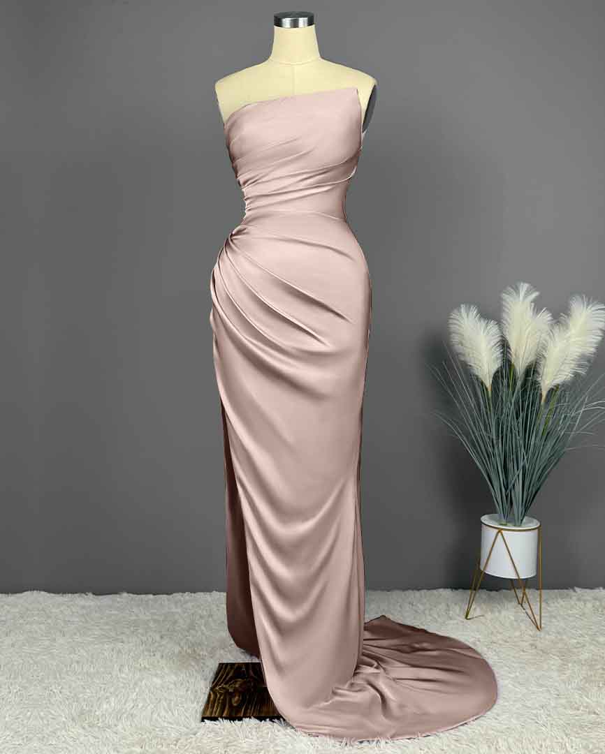 Simple Blue Sleeveless Charmeuse Prom Dress with High Slit and Pleats BM bride