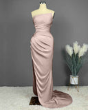 Simple Blue Sleeveless Charmeuse Prom Dress with High Slit and Pleats BM bride