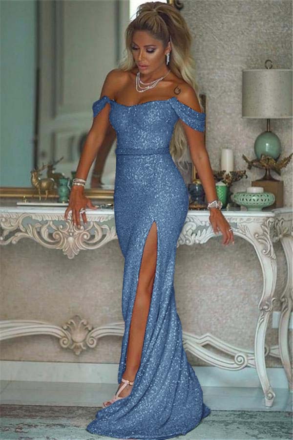 Pink Sequins Off the Shoulder Mermaid Elegant Prom Dresses With Split BMBRIDE