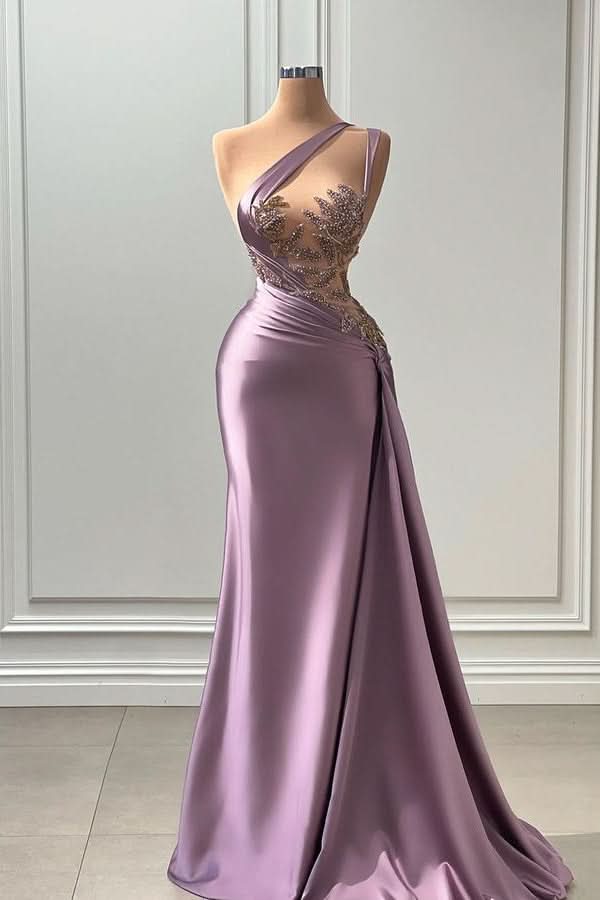 Purple Sleeveless Prom Dress with Strapless Pleated Beadings BM bride