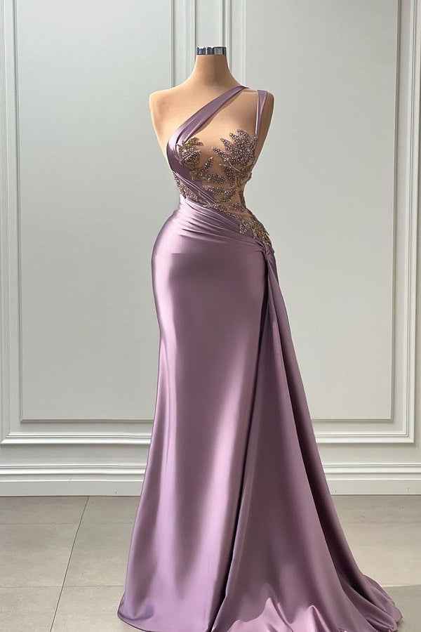 Glamorous Purple One Shoulder Sleeveless Long Mermaid  Prom Dress with Appliques