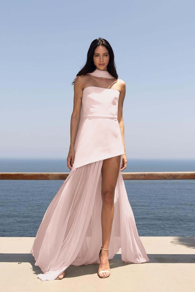 Strapless Sleeveless Split Long Prom Dress With Pleated Tulle