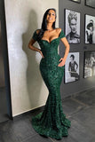 Dark Green Portrait Mermaid Long Prom Dress with Sequins BM bride