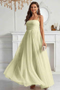 Tulle Spaghetti Strap Sleeveless Long Prom Dress With Pleated