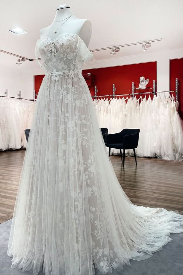 Sleeveless Off-the-Shoulder A-Line Wedding Dress with Ruffles and Tulle Lace Appliques BM bride