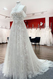 Sleeveless Off-the-Shoulder A-Line Wedding Dress with Ruffles and Tulle Lace Appliques BM bride