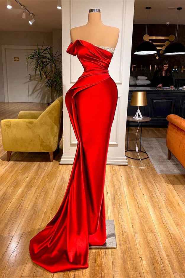 Long Red One Shoulder Strapless Prom Dress Pleated Mermaid With Beadings