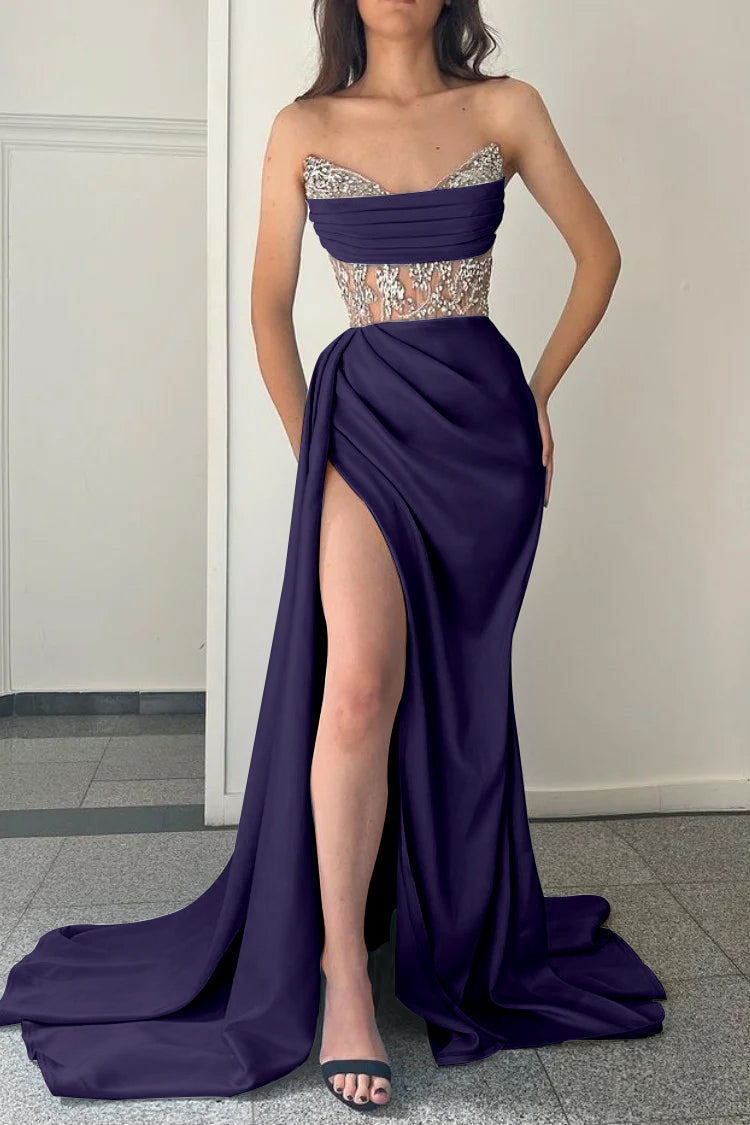 Modern Sky Blue Strapless Mermaid Prom Dress Split With Beading BMBRIDE
