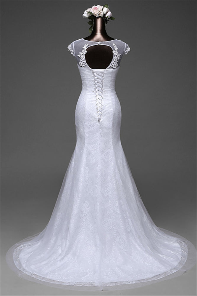 Jewel Neck Long Mermaid Lace Wedding Dress with Tulle Overskirt BM bride