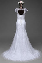 Jewel Neck Long Mermaid Lace Wedding Dress with Tulle Overskirt BM bride