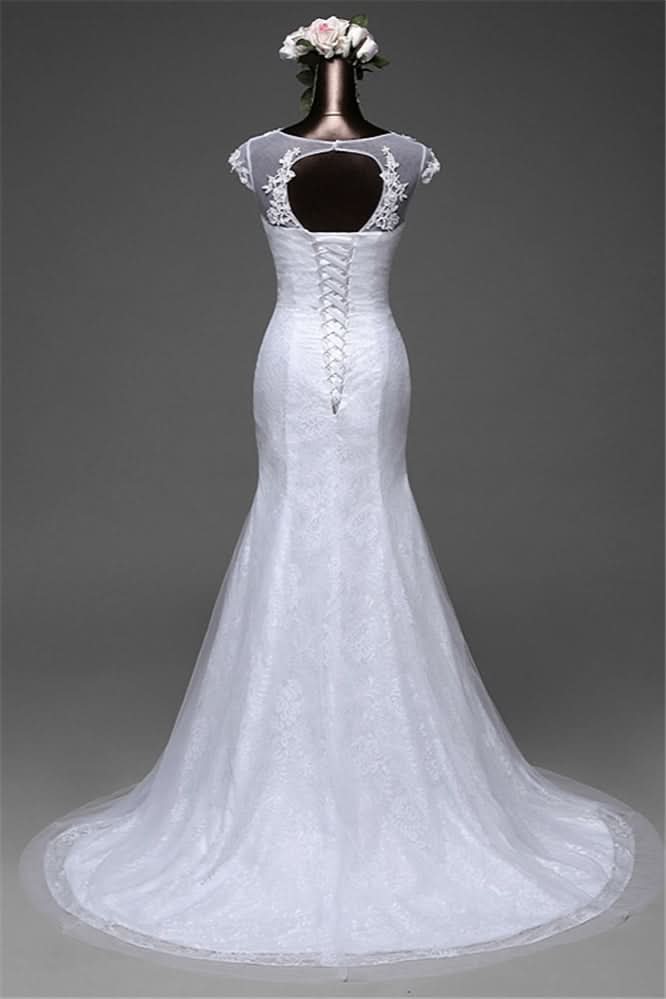Jewel Neck Long Mermaid Lace Wedding Dress with Tulle Overskirt BM bride