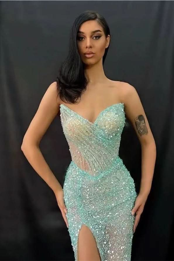 Light Green Strapless Sweetheart Split Prom Dress Mermaid with Sequins BM bride