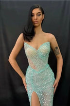 Light Green Strapless Sweetheart Split Prom Dress Mermaid with Sequins BM bride
