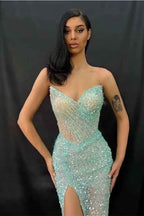 Light Green Strapless Sweetheart Split Prom Dress Mermaid With Sequins