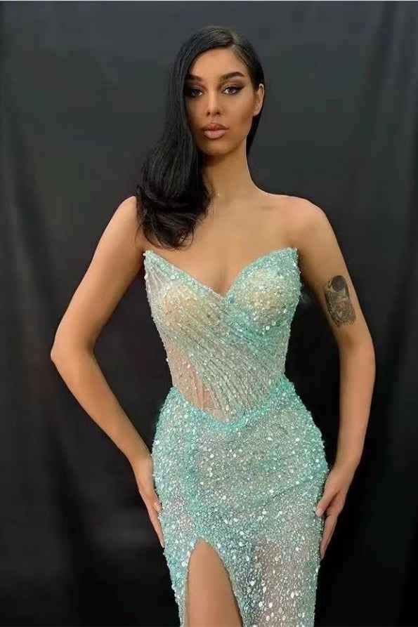 Light Green Strapless Sweetheart Split Prom Dress Mermaid With Sequins