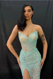 Light Green Strapless Sweetheart Split Prom Dress Mermaid with Sequins BM bride